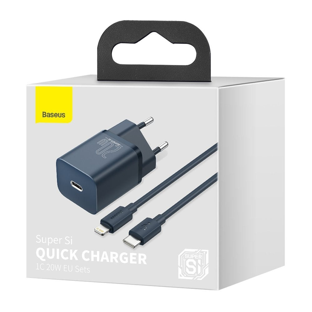 Baseus Super Si Quick Charger 1C 20W CN Sets Blue With Baseus Simple Wisdom Data Cable Type-C to iP 1m Blue Baseus Super Si Quick Charger 1C 20W CN Sets Blue With Baseus Simple Wisdom Data Cable Type-C to iP 1m Blue